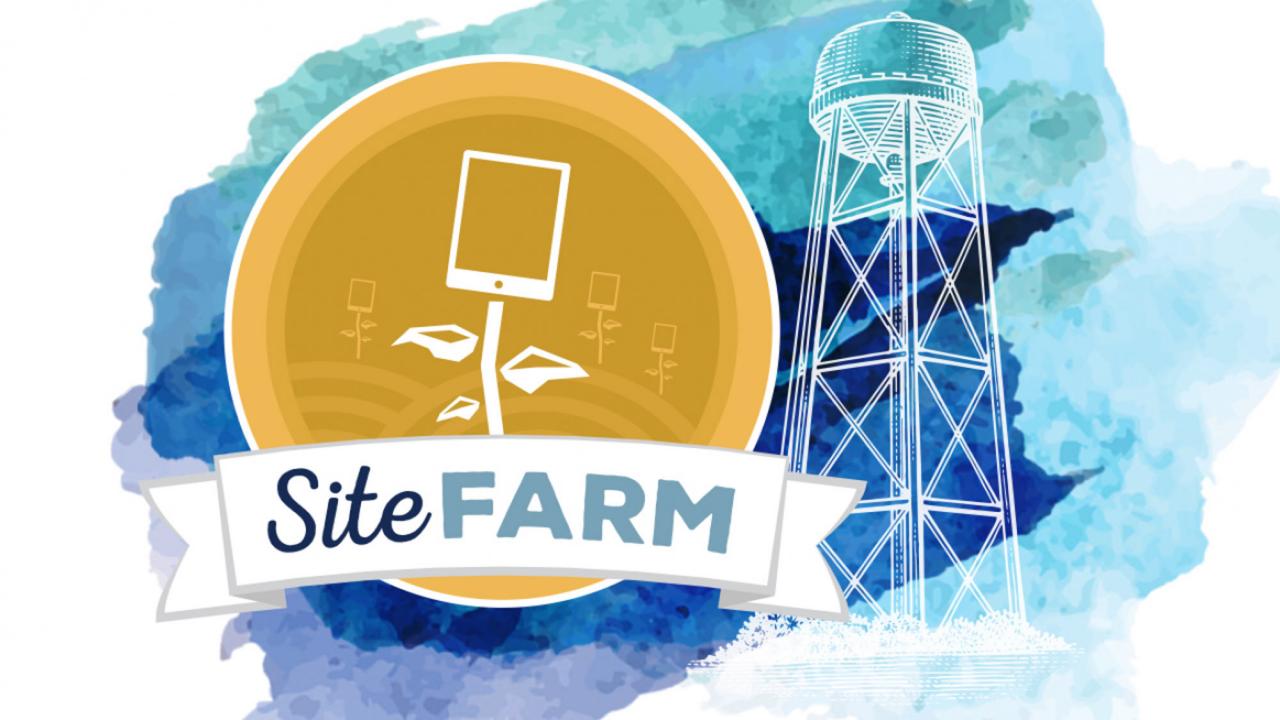 "SiteFarm" graphic with water tower