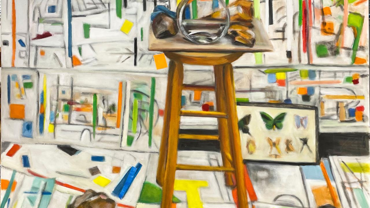 Painting of wooden chair among colorful objects