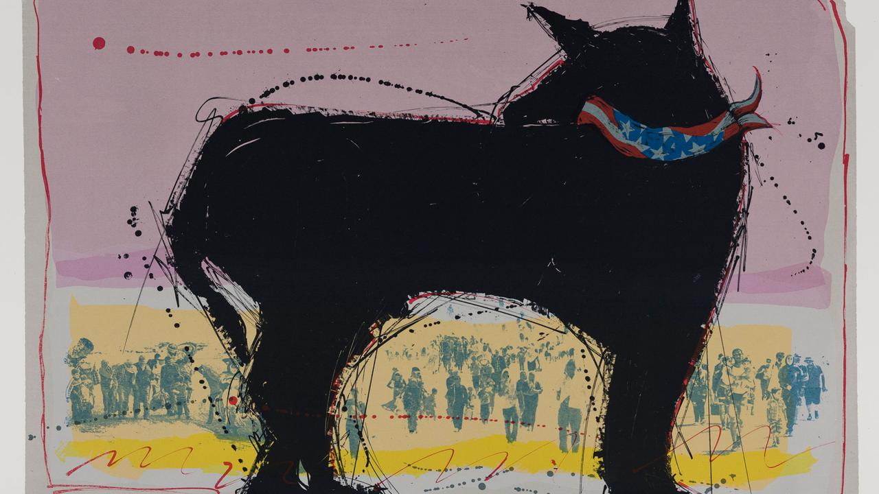 Black dog in painting of Malaquias Montoya