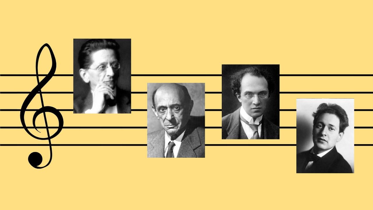 4 composers, black and white, superimposed on stave with treble clef