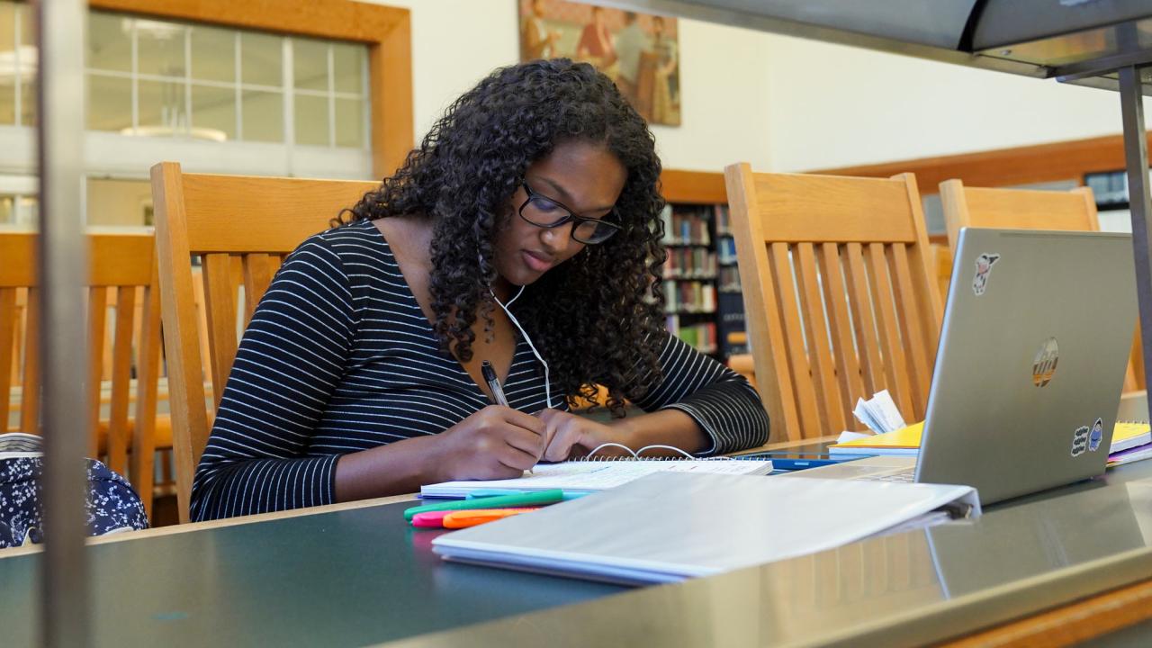 Woman studies iat library table
