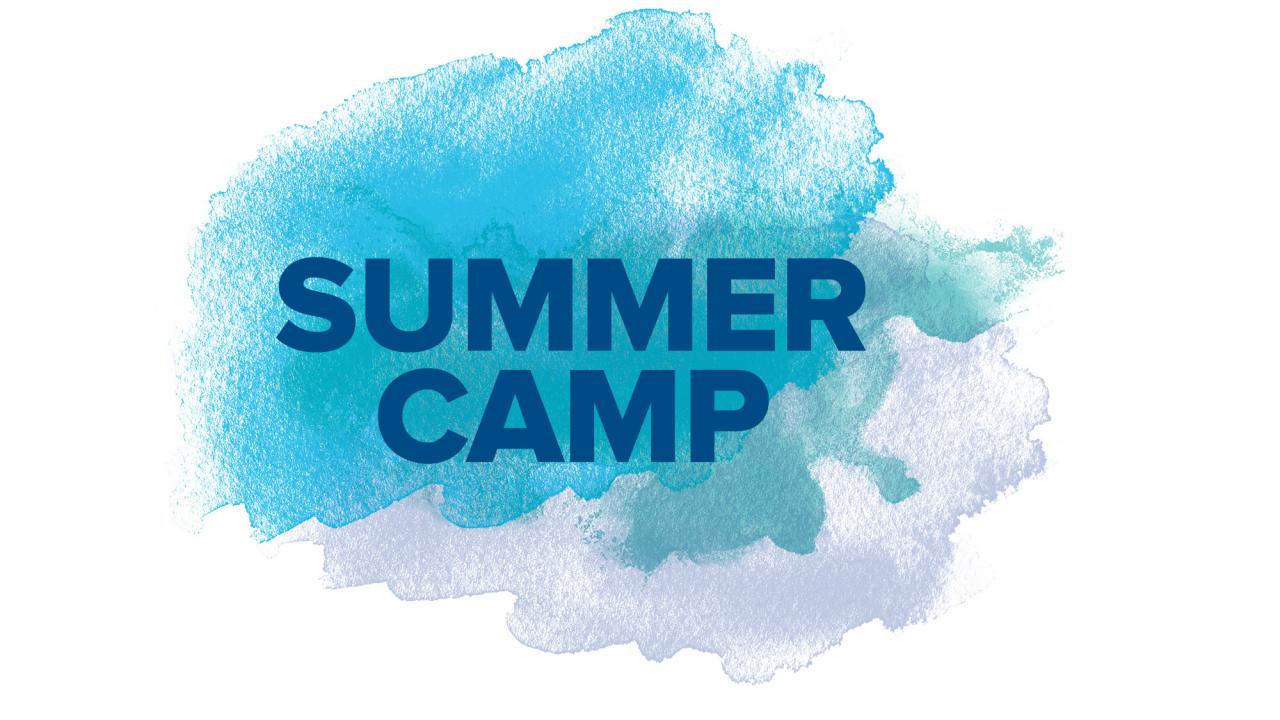 "Summer Camp" against blue watercolor splotch