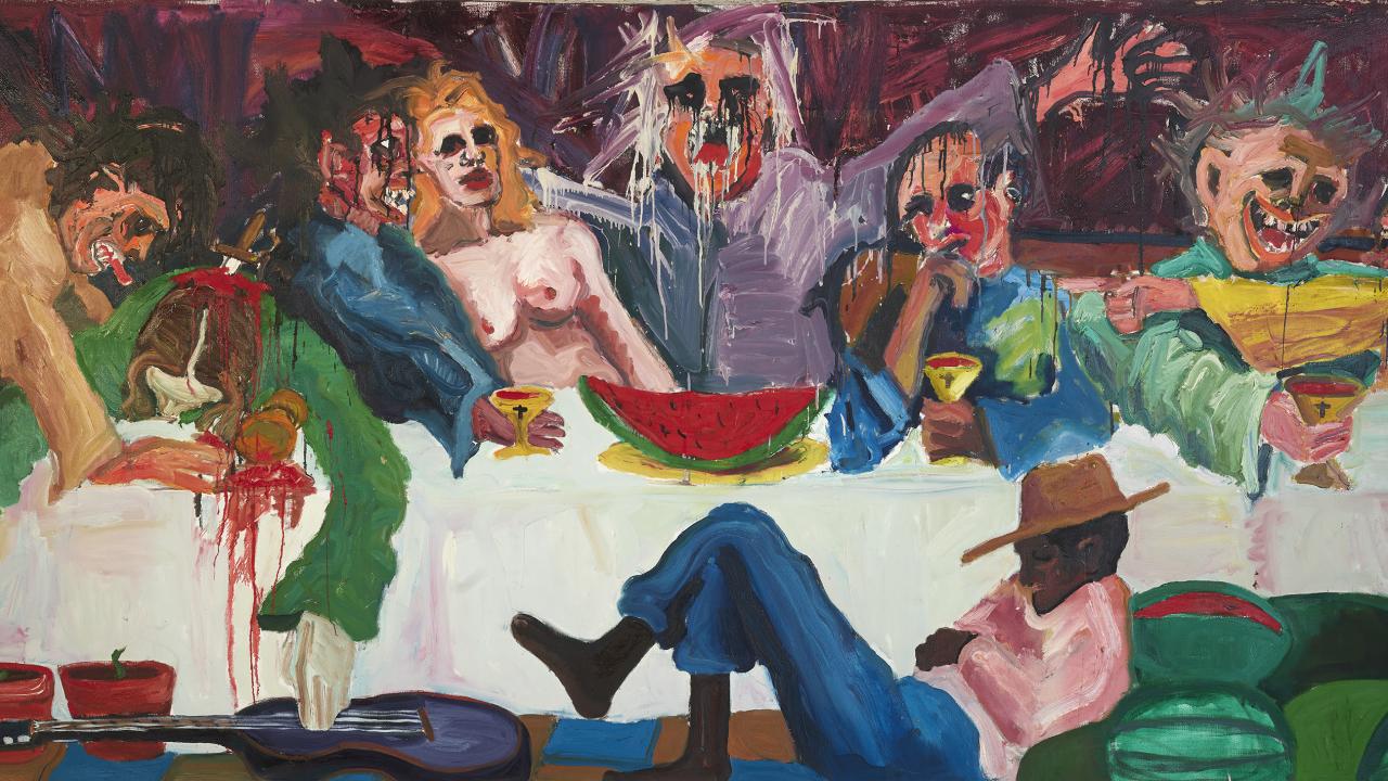 Painting by Professor Emeritus Henderson of "Last Supper" featuring nudity, color
