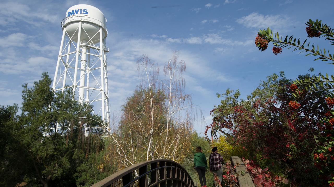 The UC Davis Water tower over the Arboretum