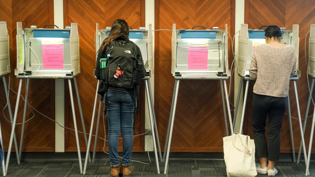 Two women, backs to camera, in voting booths