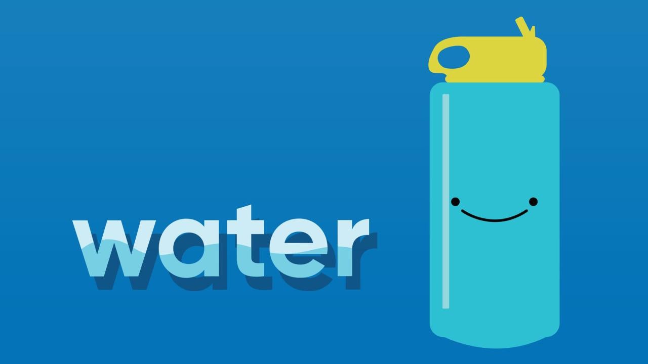 Graphic: Water bottle with a smile, next to "Water"