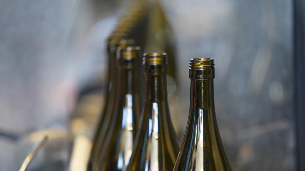 Empty wine bottles move through a conveyor belt in a neat row.