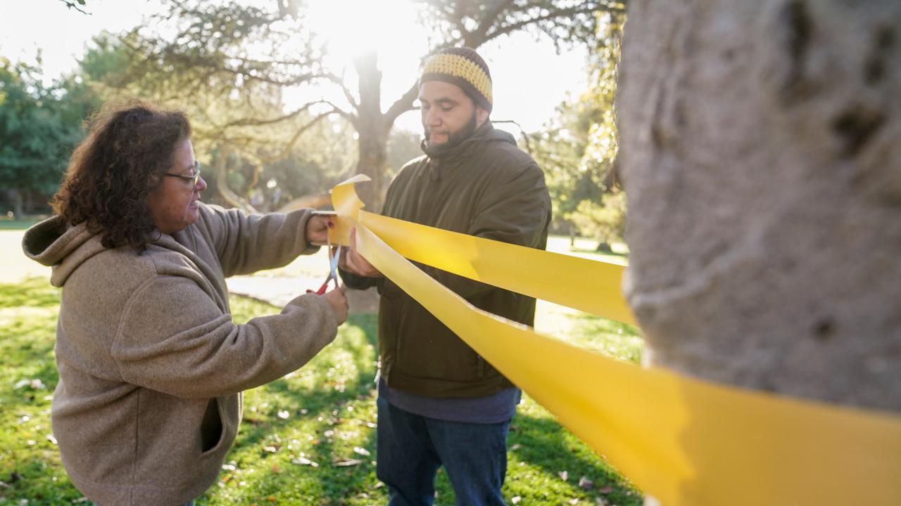 Woman and man wrap yellow ribbon around tree on the Quad
