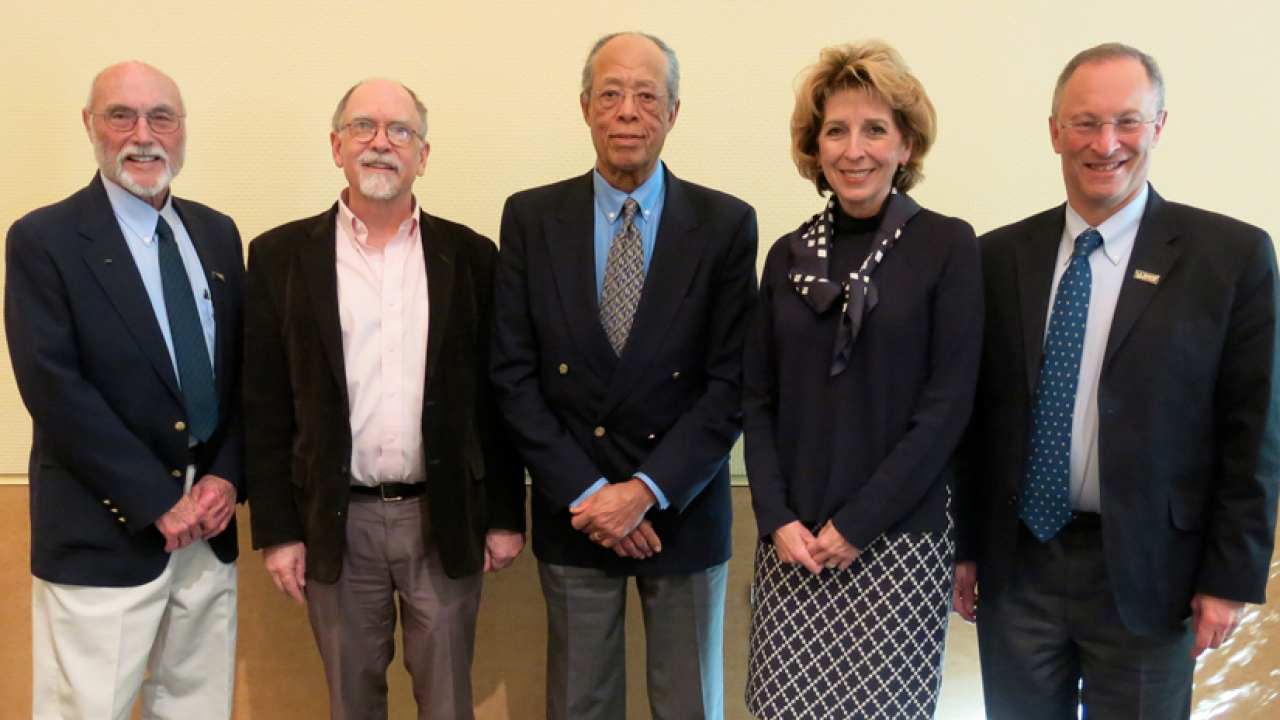 Photo: Distinguished Emeriti Block and Williams, with campus leaders, posed