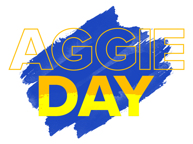 The words Aggie Day in yellow with a blue watercolor brushstroke behind it