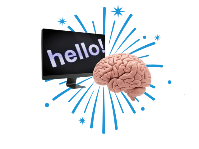 Graphic of a brain beside a tablet displaying hello! with blue starburst