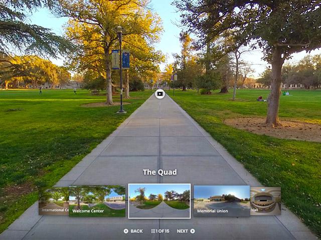 An image of campus from the virtual tour showing part of the quad and navigation items for going through the tour.