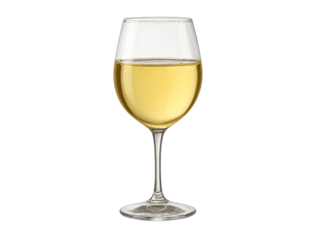 Single stemmed wine glass filled with pale white wine on white background