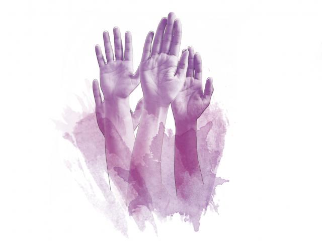 An illustration of several raised hands and paint splotches