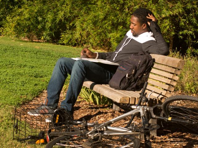 a student sitting on a bench and studying in the arboretum 