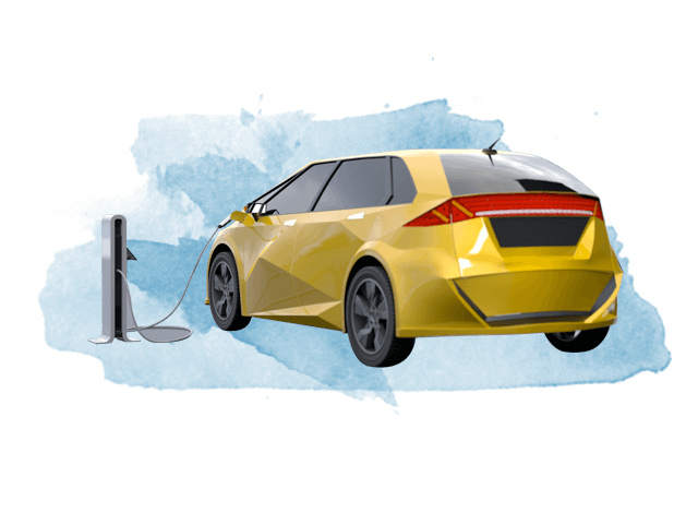 A yellow electric car charges via an electric chargin station