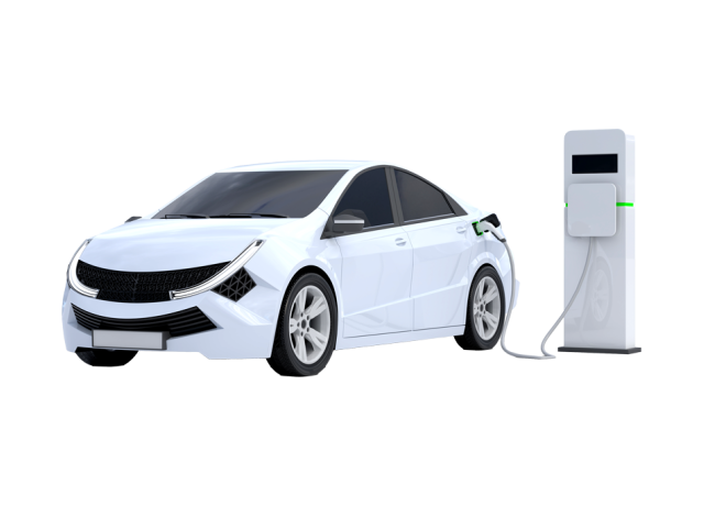 3D graphic of a white electric sedan plugged into a charging station