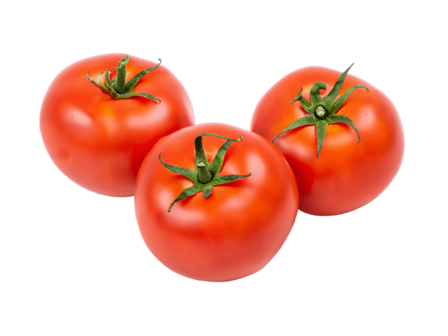 Three ripe red tomatoes with green stems on a white background