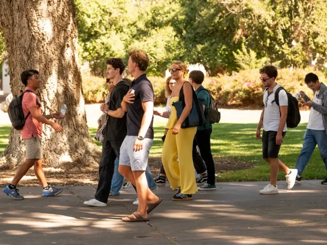 Group of students walking together on a sunny campus pathway, with trees and green lawn in the background.