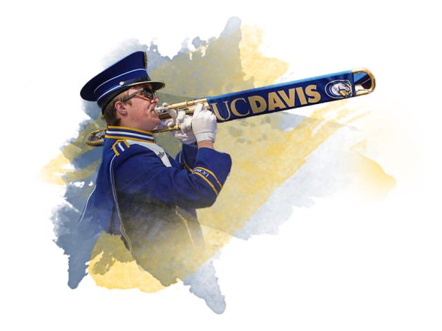 A photo illustration of UC Davis band member playing trombone over a blue and yellow water color brush stroke