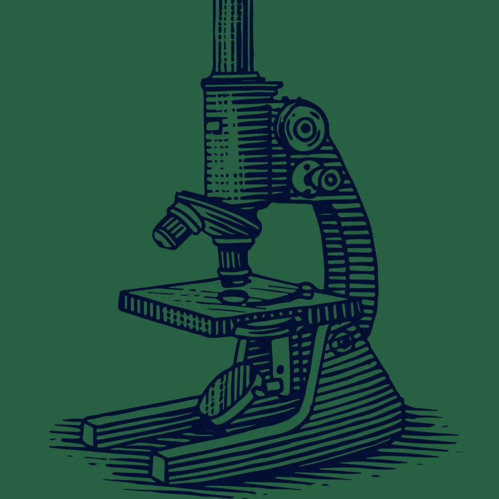 Blue line illustration of a vintage microscope on green background