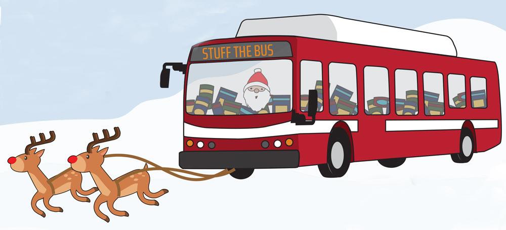 Drawing of Santa Claus driving a Unitrans bus with "Stuff the Bus" as the destination sign.