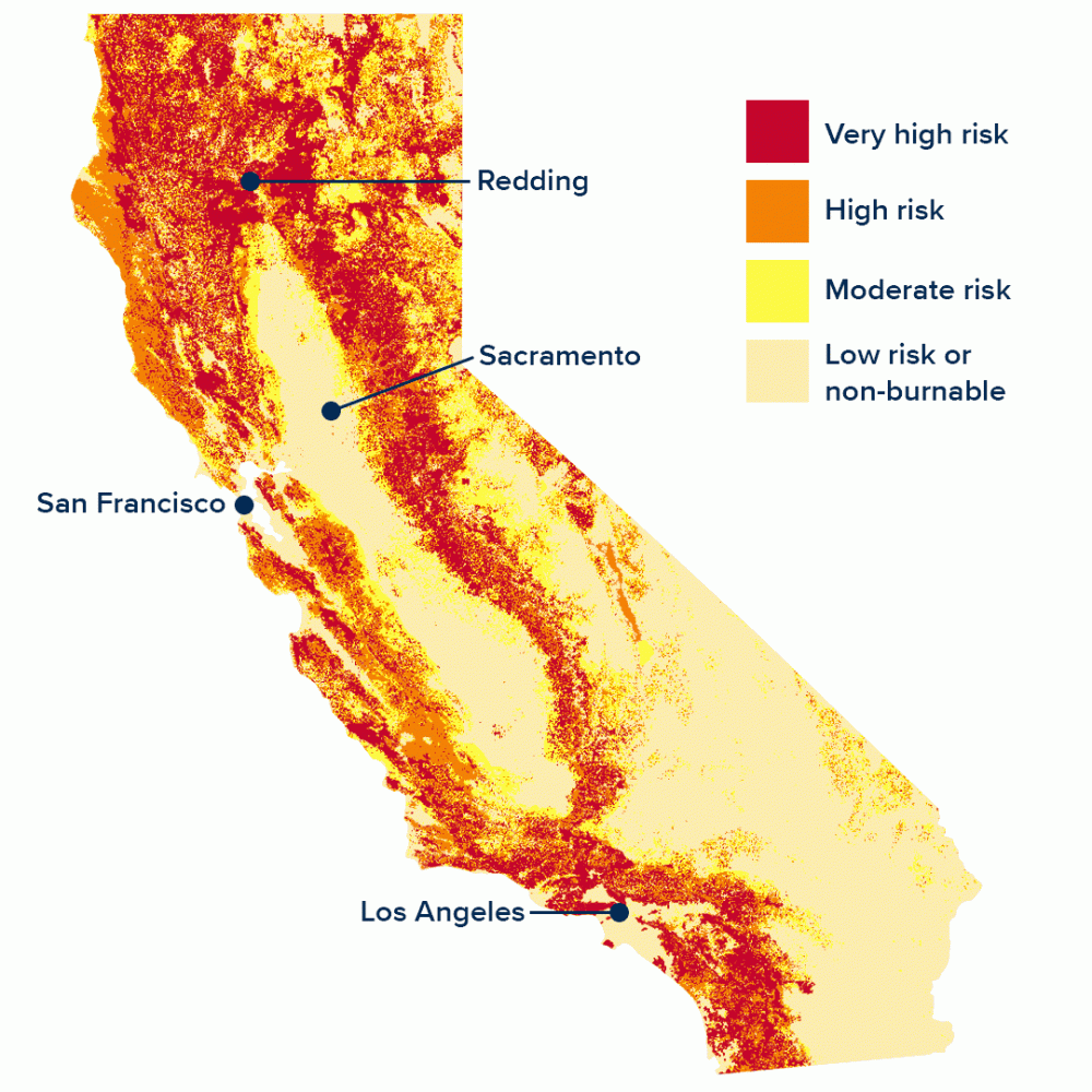 Map of California showing fire danger risks in shades of yellows and oranges
