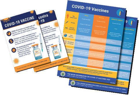 colorful handouts about Covid safety in English and Spanish