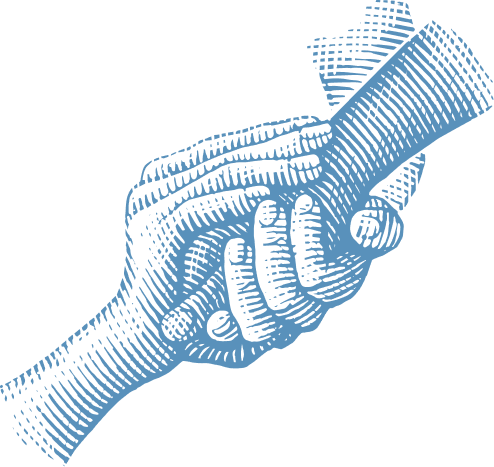Blue engraving-style graphic of two clasped hands