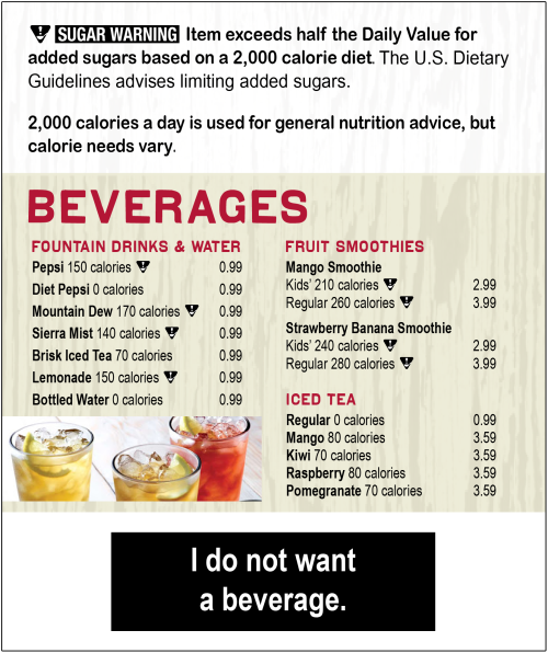 A label listing a range of beverages with information about calories and sugar content/ 