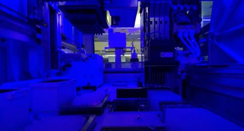 Blue interior of a big lab machine