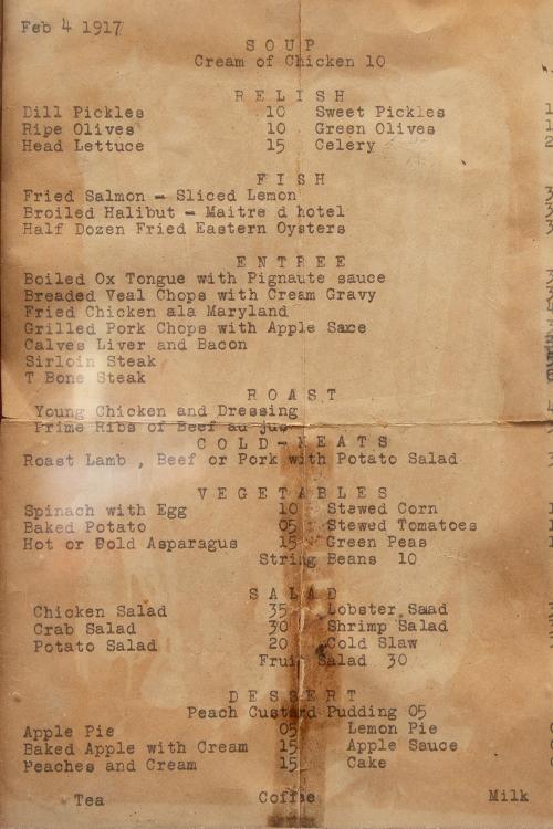 1917 menu from Chicago Café