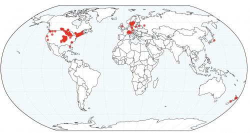 Map of world, with red dots indicating lake areas studied