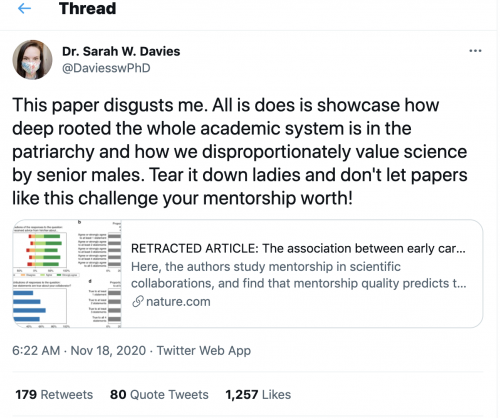 Screenshot of Tweet by Sarah Davies: "This paper disgusts me. All is does is showcase how deep rooted the whole academic system is in the patriarchy and how we disproportionately value science by senior males. Tear it down ladies and don't let papers like this challenge your mentorship worth!"