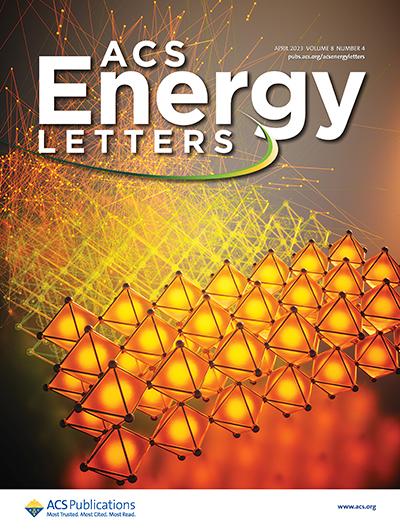 Image of a journal cover. Background is rows of orange tetrahedral shapes. Text in white reads ACS Energy Letters. 