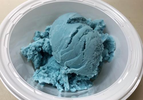 Blue ice cream in a white bowl