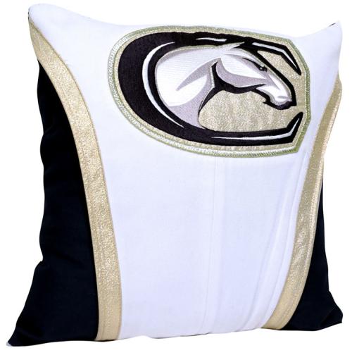 Aggie logo of mustang in horseshoe, on pillow