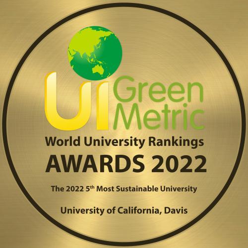 GreenMetric award graphic, gold, with UC Davis honored as 5th most sustainable in the world for 2022
