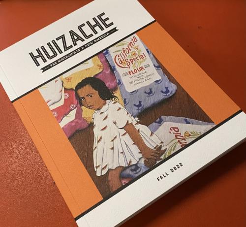 Cover of a white and orange journal with the word Huizache across the top and artwork of a girl wearing a dress covered with watermelons. 