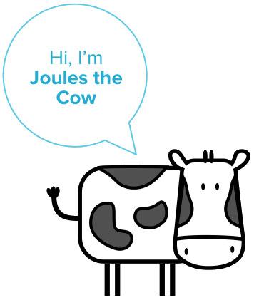 Drawing: Cow with dialogue box, "Hi, I'm Joules the Cow"