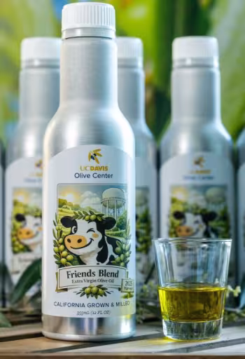 Silver olive oil bottles on a wooden table with a small glass of oil and olives