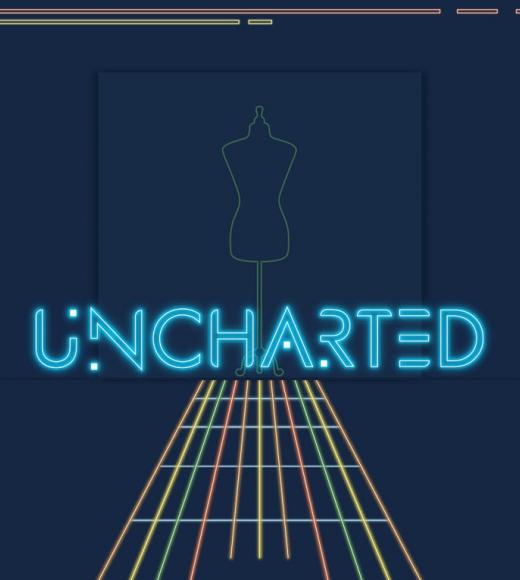 Fashion Show logo: "Uncharted" atop runway made from colored lines