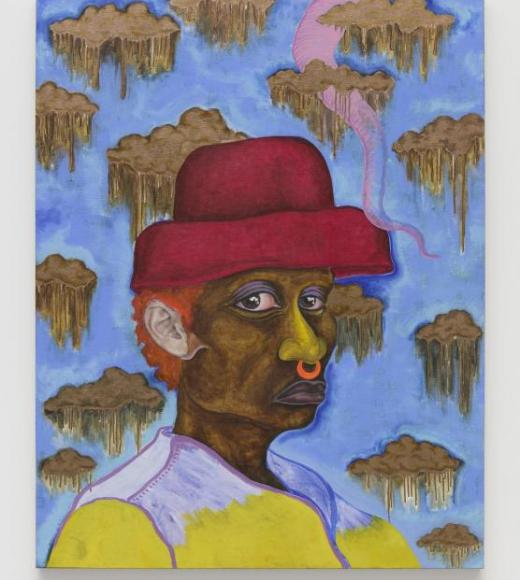 Painted portrait, figure with red hat, blue background