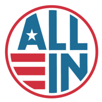 "ALL IN" red-white-and-blue logo, circle, blue lettering and red stripes like a flag