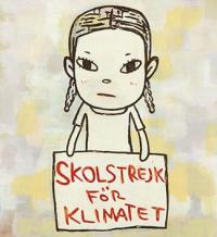 Yoshitomo Nara, School Strike for Climate, 2019. Acrylic on canvas, 47 1/4 × 43 5/16 in. (120 × 110 cm). Photo: Keizo Kioku; image courtesy of the artist, Yoshitomo Nara Foundation.