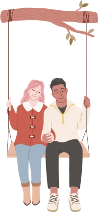 Illustration of two people smiling, holding hands on a wooden swing beneath a tree branch