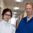 Baskin Research Award Winner Wenzhe Li stands with Assistant Professor Richard McKenney, Department of Molecular and Cellular Bi