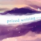 "Prized Writing 2017-2018" cover (cropped), with words across purplish night sky