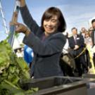 Ruihong Zhang, a UC Davis professor of biological and agricultural engineering, scoops waste into the digester at the Biogas Energy Project at the start-up ceremony on Tuesday.
