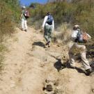 photo: three hikers going up a steep, eroded trail
